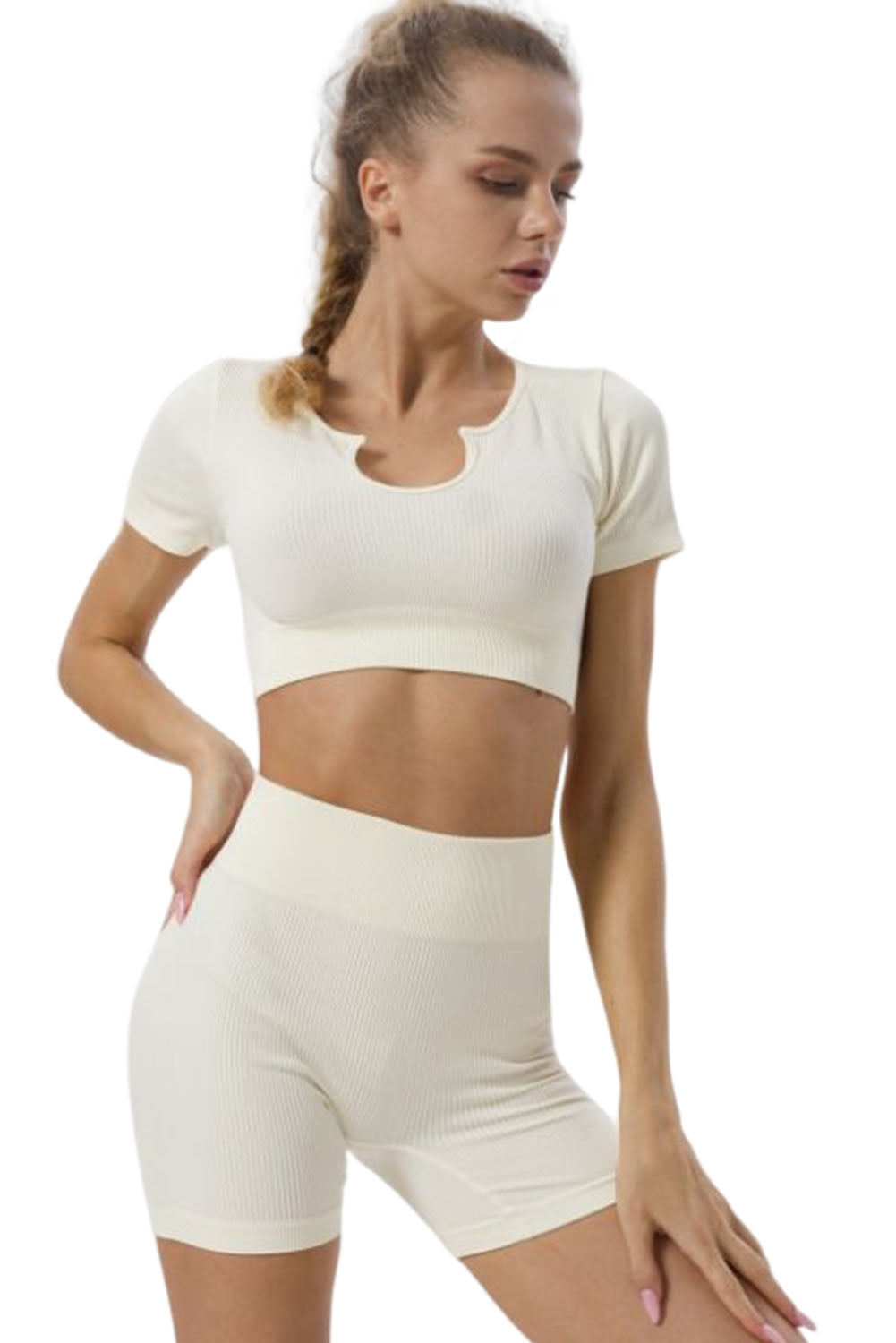 White Ribbed Short Sleeve Cropped Active Top