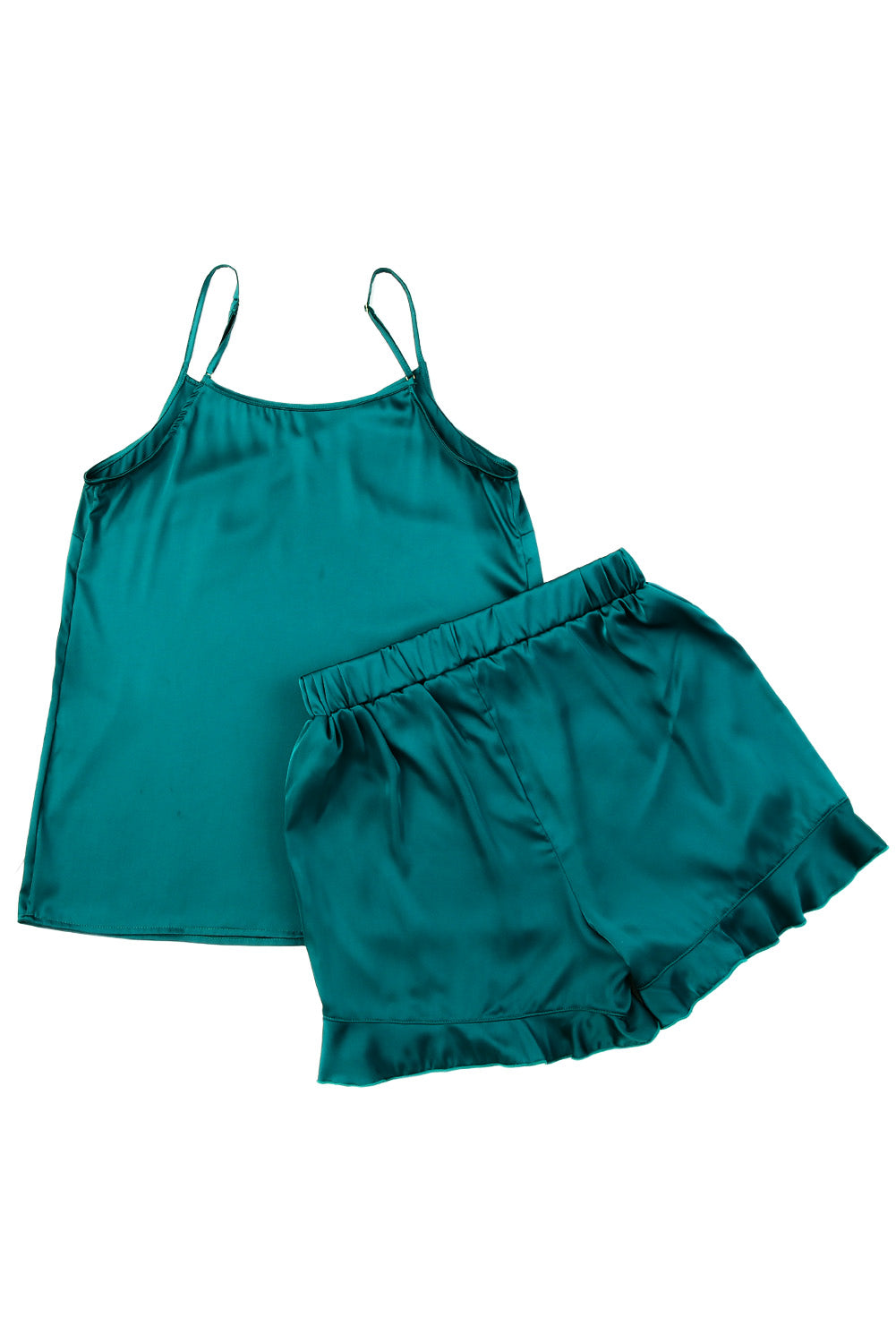 Green 2pcs Silky Ruffled Spaghetti Straps Pajamas Set