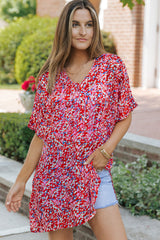 Red Abstract Floral Print Oversize Tunic Top