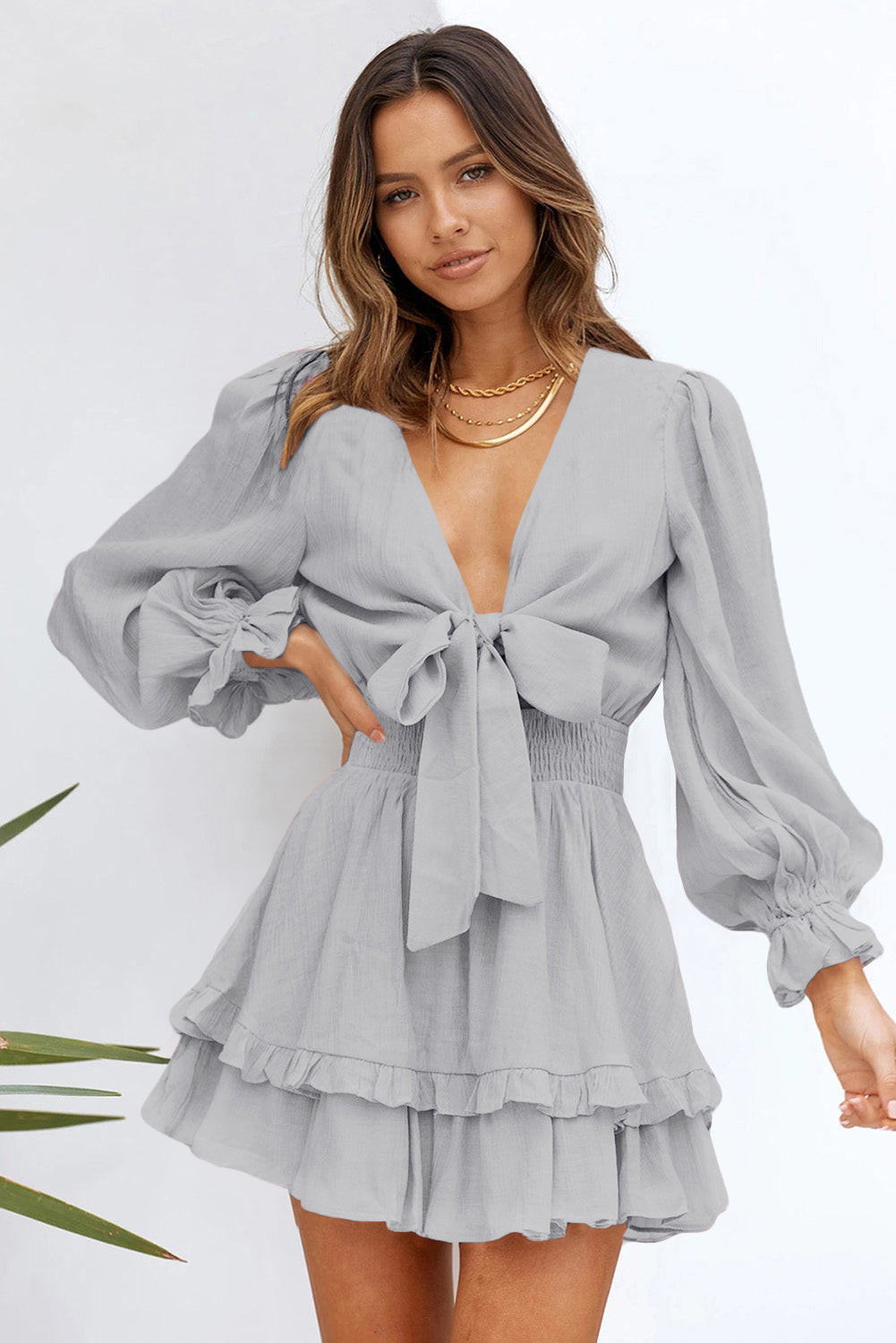 Amicgp V Neck Lantern Sleeve Knotted Tiered Mini Dress