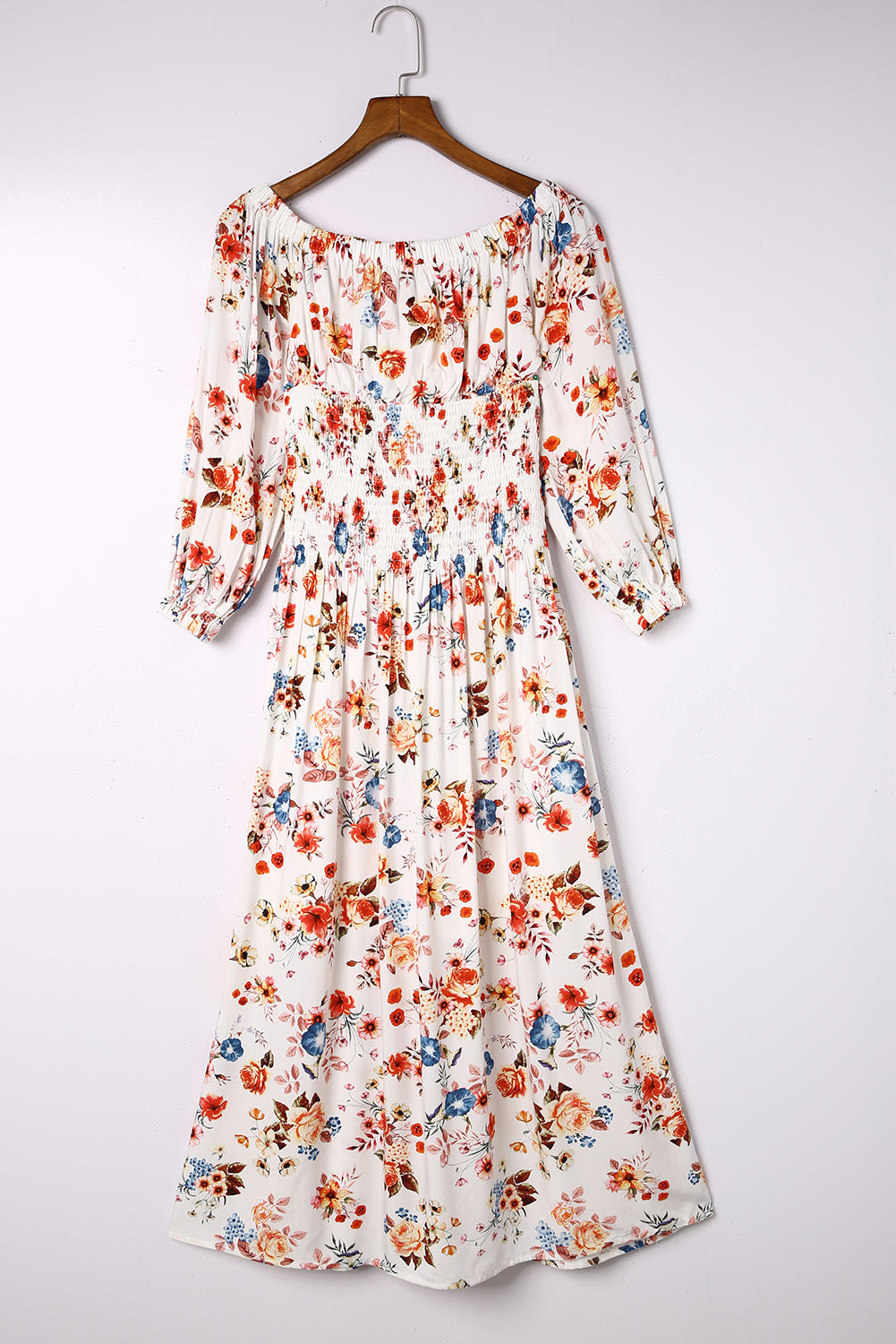 White Off Shoulder Smocked Waist Floral Dress