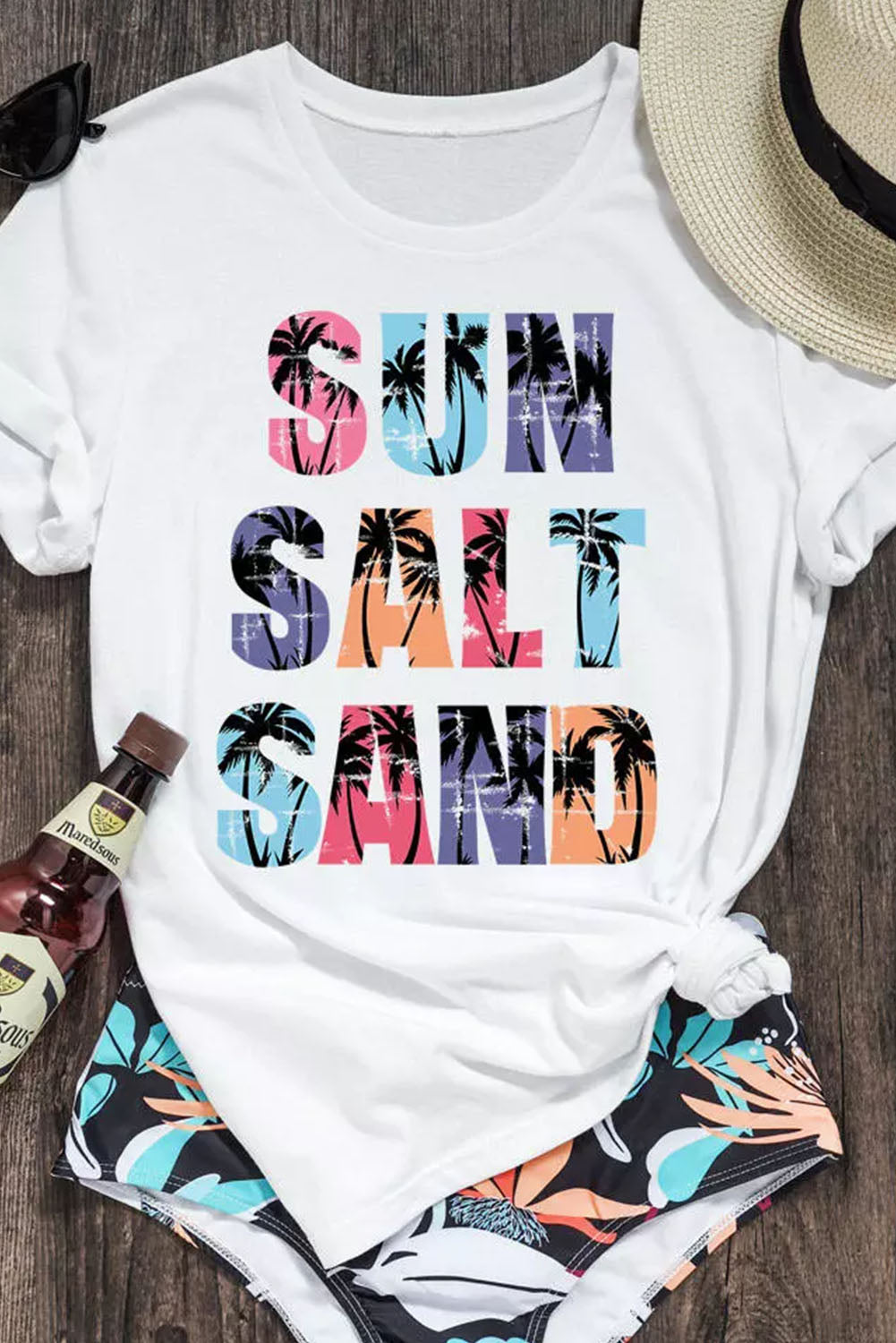 White Coconut Tree SUN SALT SAND Graphic Tee