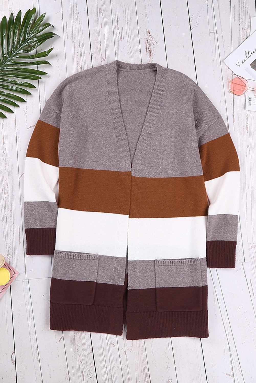 Khaki Open Front Colorblock Cardigan with Pockets