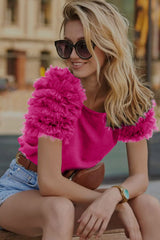 Rose Mesh Ruffled Short Sleeve T Shirt