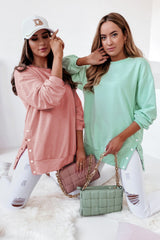 Pink Crew Neck Slit Buttons Sweatshirt