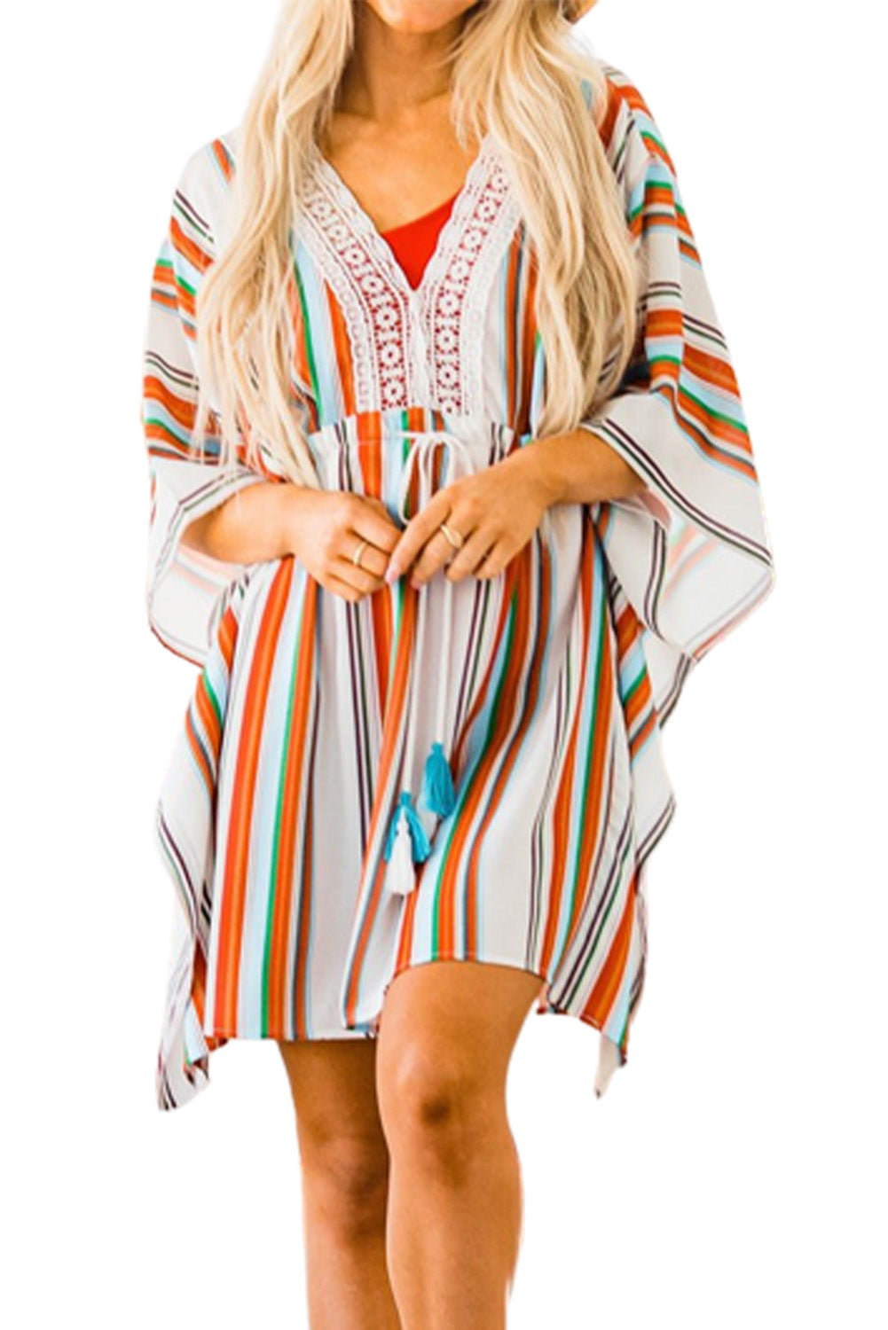 Multicolor Striped Lace V Neck Wide Sleeves Cinched Swimsuit Cover up