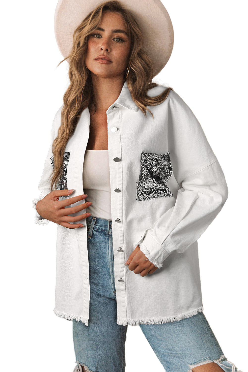 White Sequin Pockets BF Distressed Shacket
