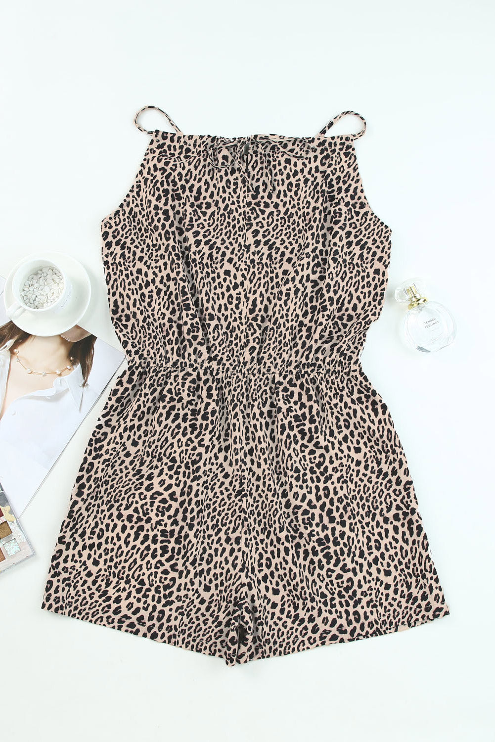 Leopard Cinch Waist Halterneck Pocketed Romper