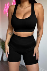 Black 2pcs Solid Color Ribbed Knit Yoga Set