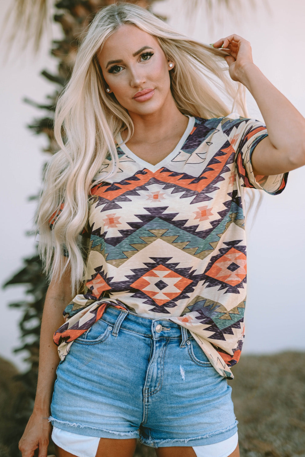 Beige Western Aztec Print Short Sleeve Top