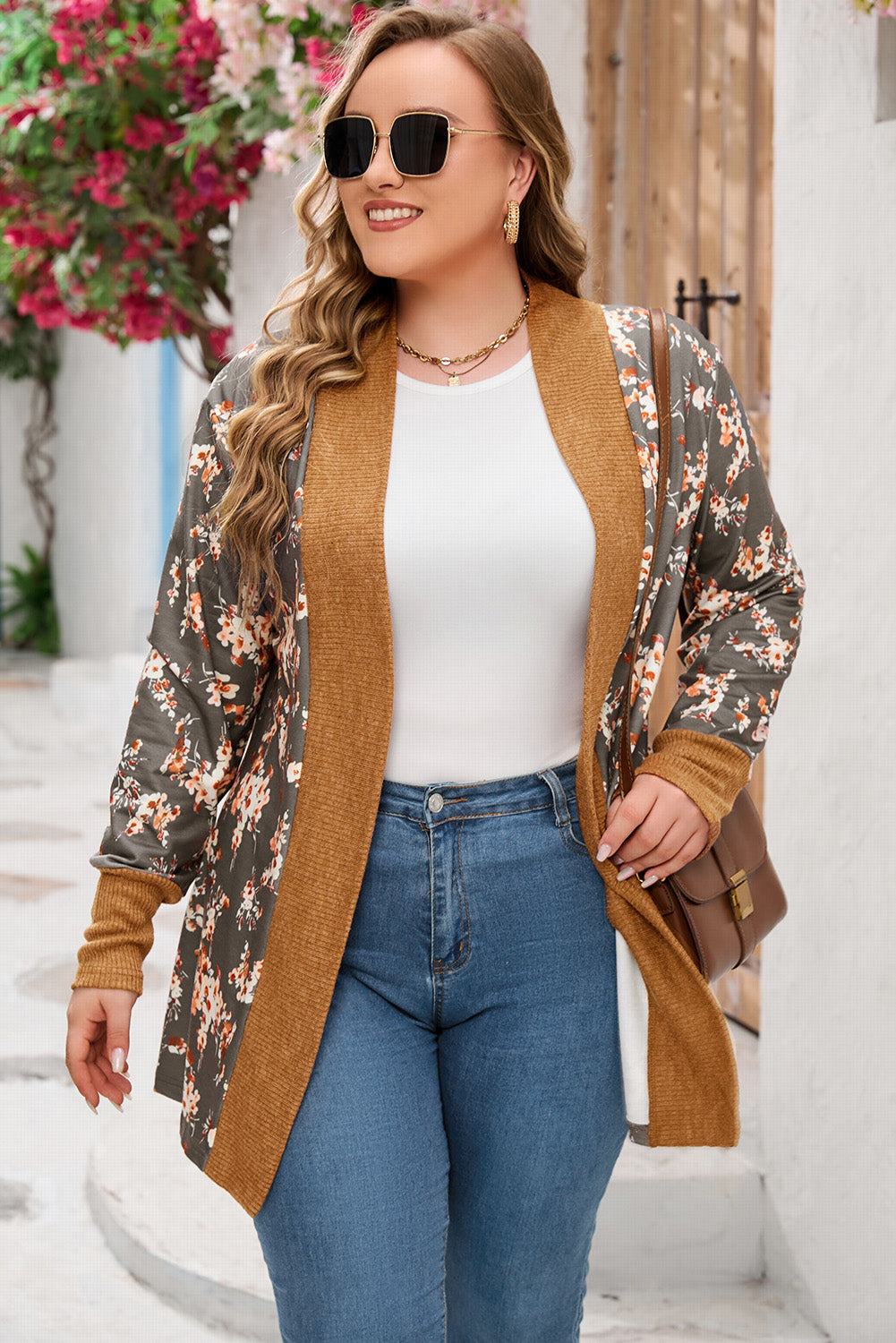 Brown Floral Patchwork Knitted Plus Size Cardigan