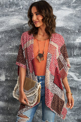 Red Leopard Color Block Open Front Kimono