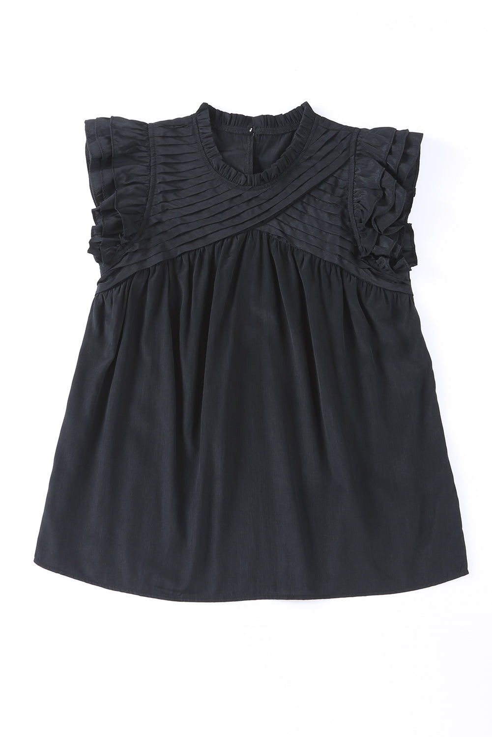 Black Ruffle Sleeve Pleated Yoke Loose Top