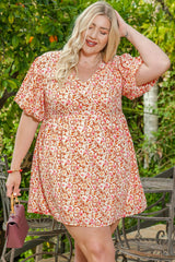 Multicolor Plus Size Floral Print Puff Sleeves Dress