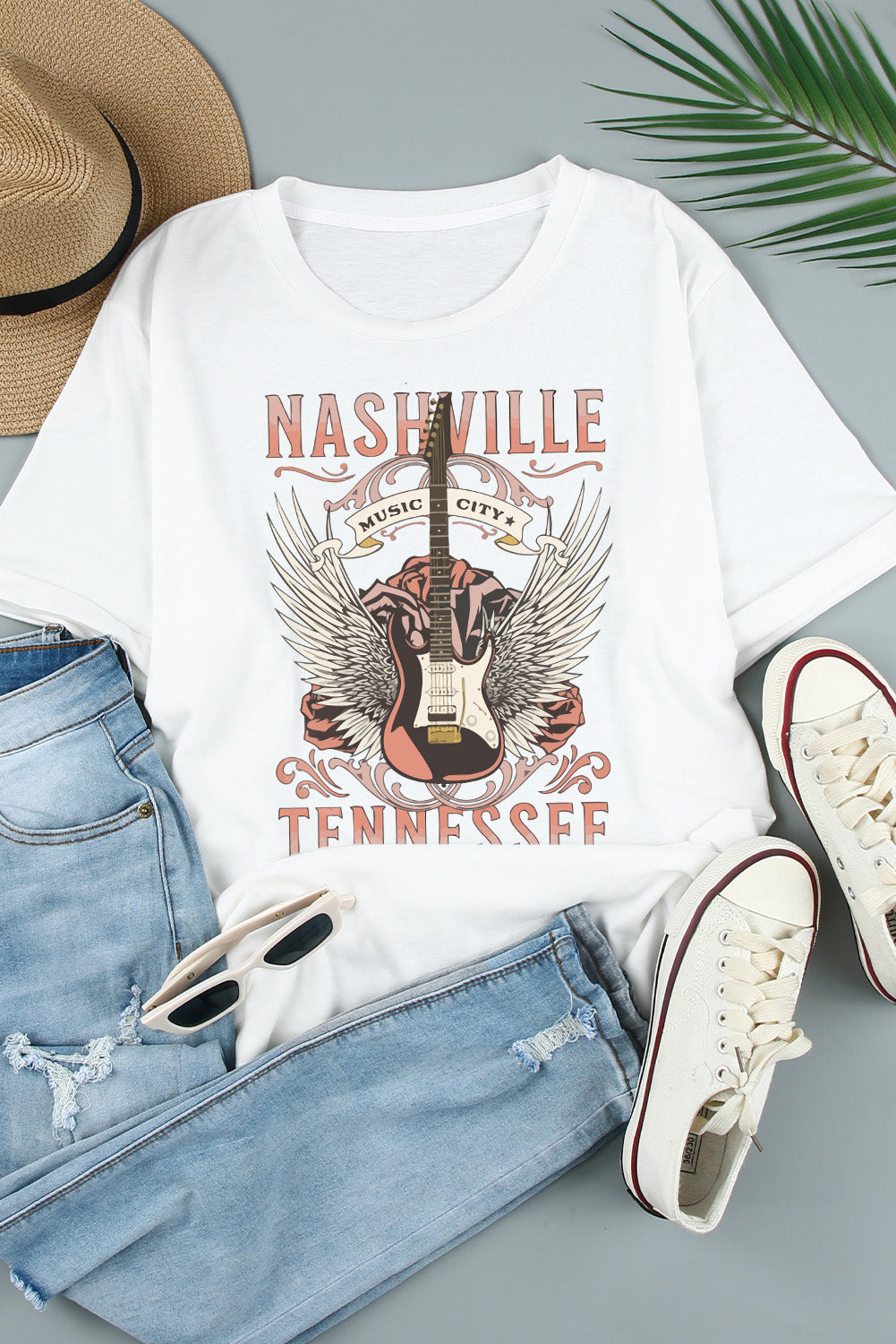 White Dreamy Music City Guitar Graphic Print Tee