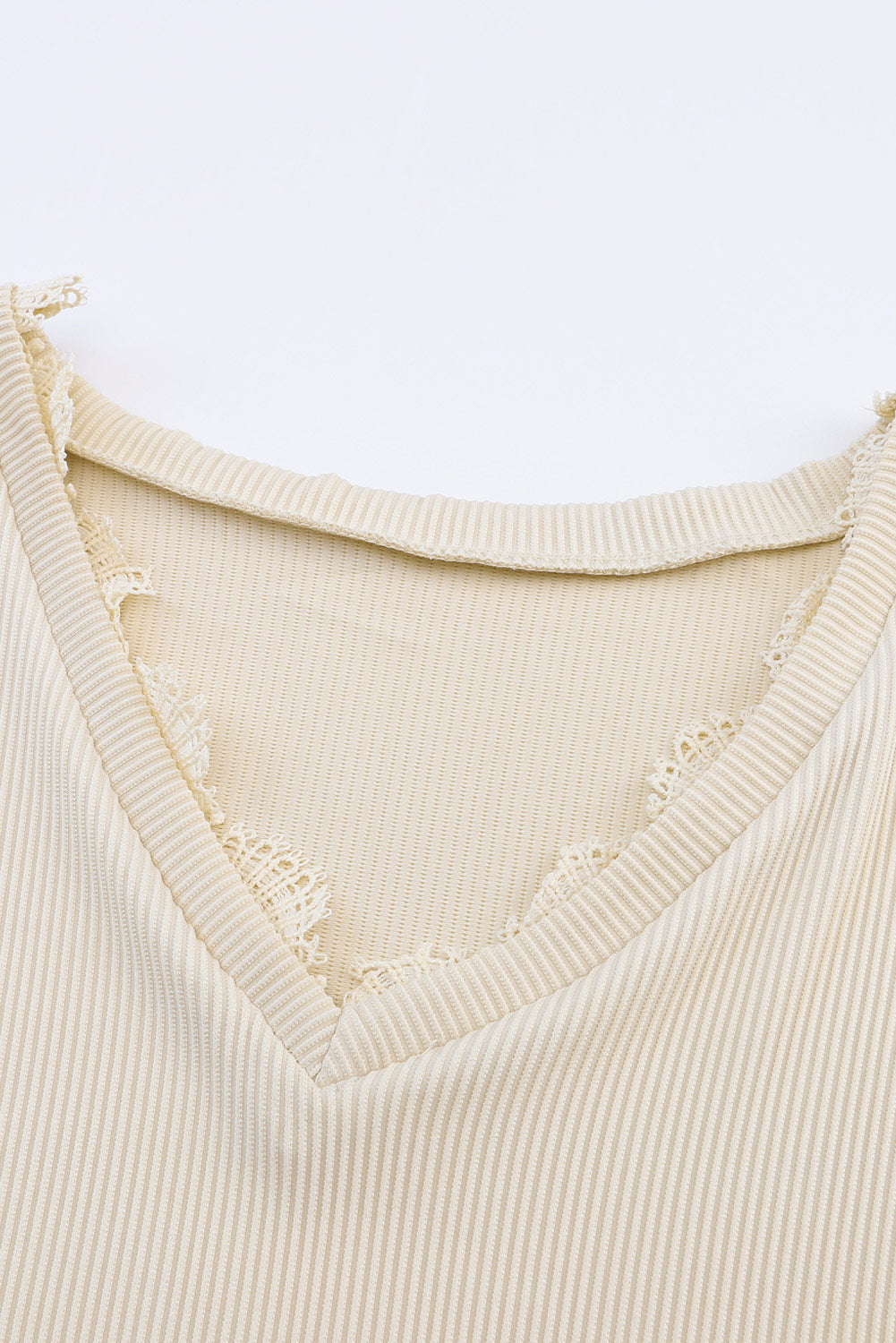 White Ribbed Texture Lace Trim V Neck Long Sleeve Top