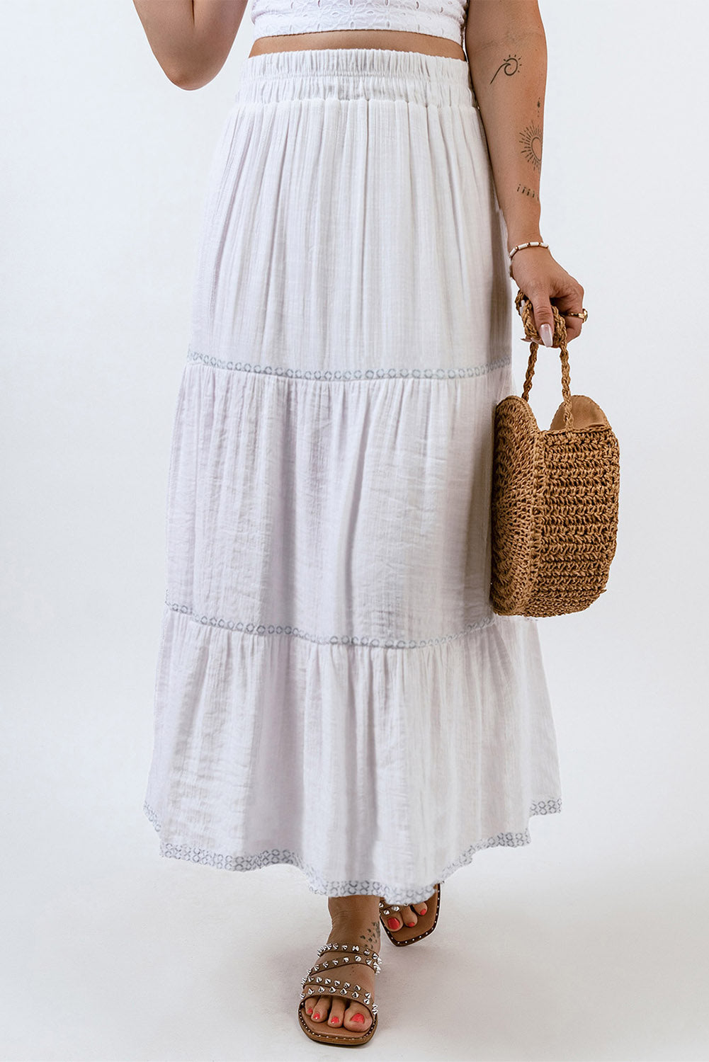 White Tiered Lace Crochet High Waist Maxi Skirt