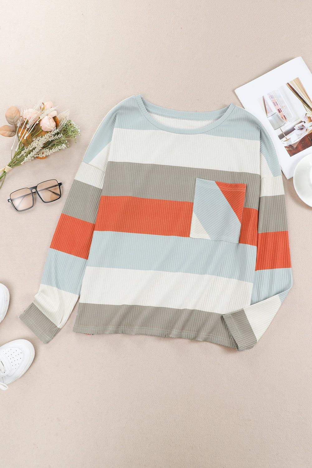 Red Striped Colorblock Ribbed Knit Top with Pocket