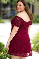 Red Lace Frill Bubble Sleeve Off Shoulder Plus Size Dress