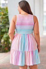 Multicolor Ombre Striped Sleeveless Tiered Plus Size Dress