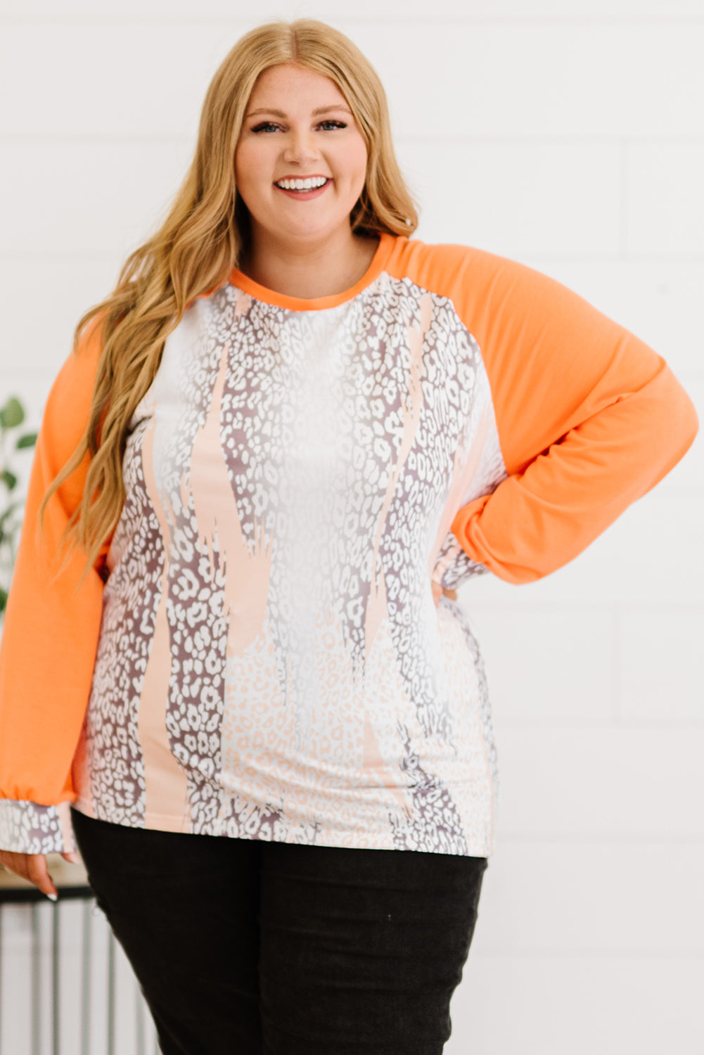 Orange Snakeskin Print Raglan Long Sleeve Plus Size Top