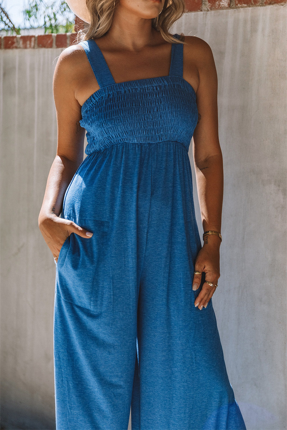 Blue Smocked High Waist Loose Wide Straps Jumpsuit