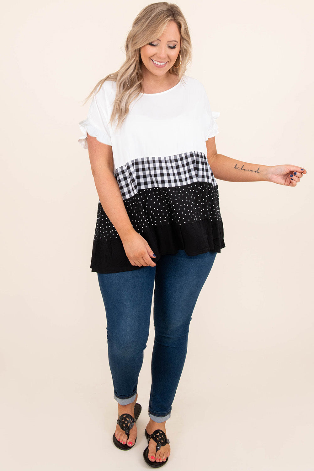 White Plaid Dot Ruffled Plus Size Babydoll Top