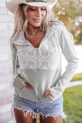 Gray Lace Patch Thumbhole Sleeve Zipped Kangaroo Pocket Hoodie