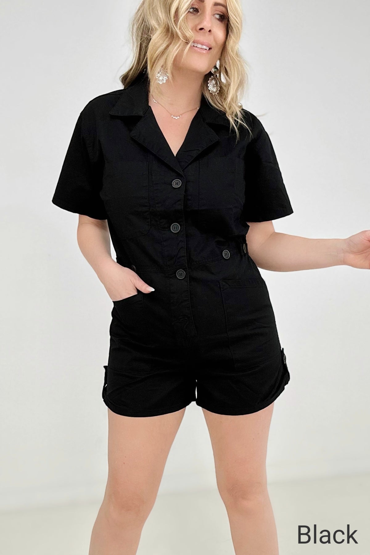 Amicg Woven Cotton Button Front Shirt Romper