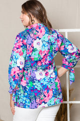 Multicolor Plus Size Floral Knotted Long Sleeve Shirt