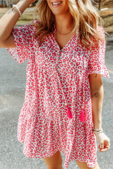 Pink Flutter Sleeve Leopard Short Dress