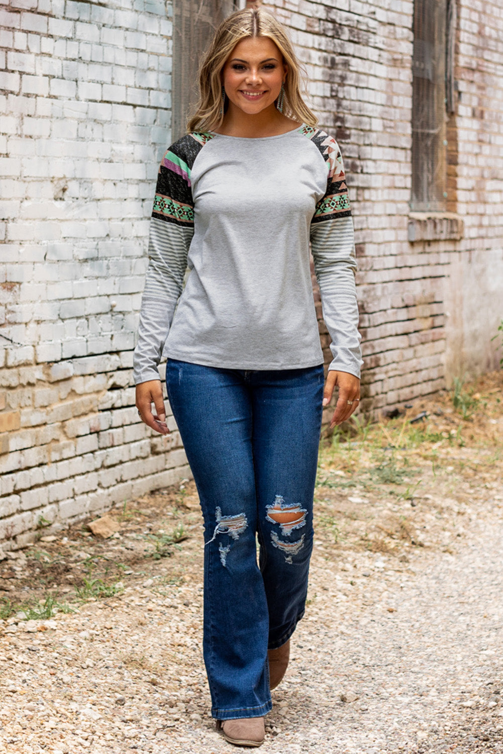 Round Neck Tribal Striped Raglan Top