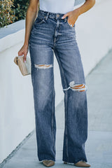 Sky Blue High Rise Ripped Straight Legs Loose Jeans