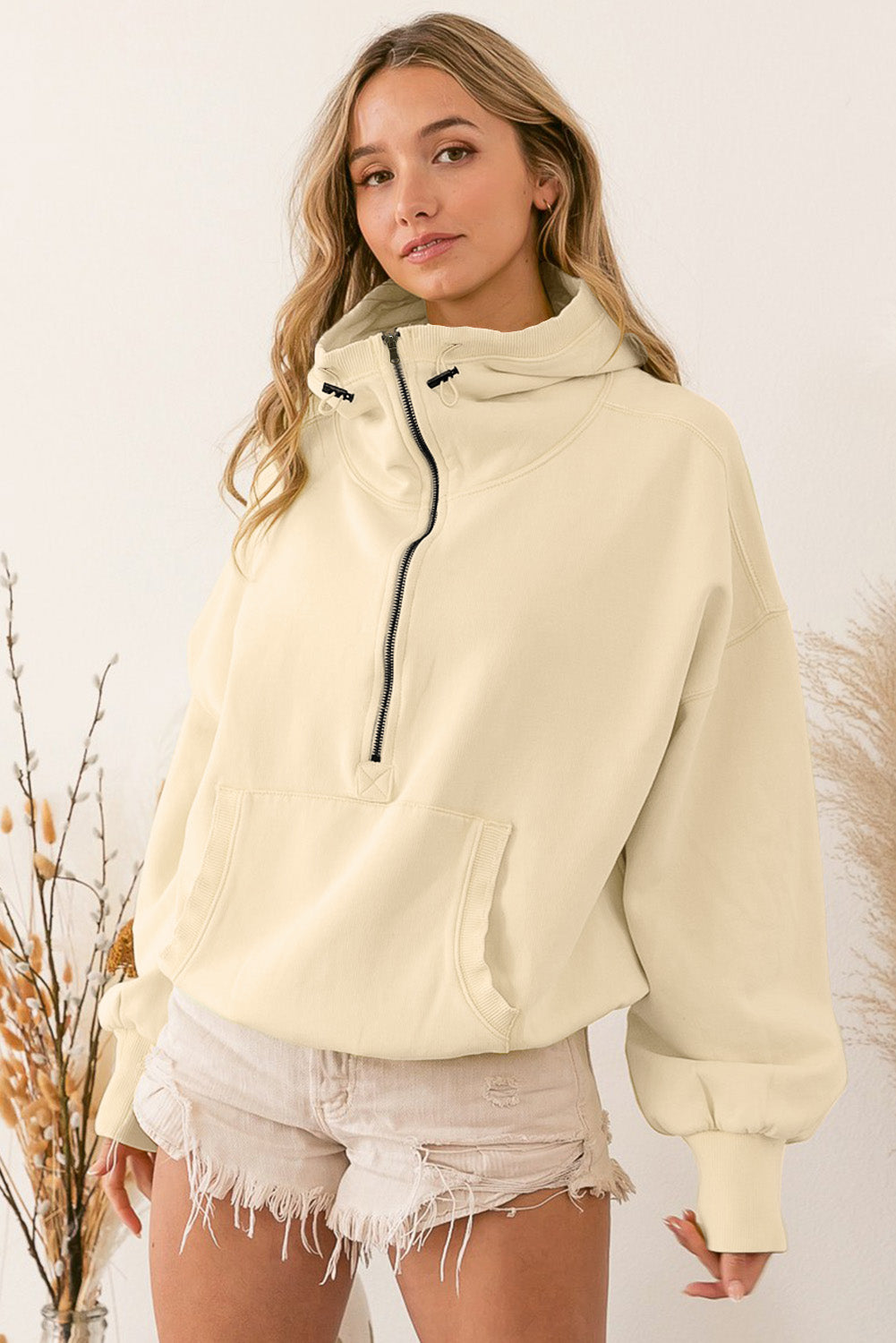 Gray Ribbed Trim Kangaroo Pocket Zipped Hoodie