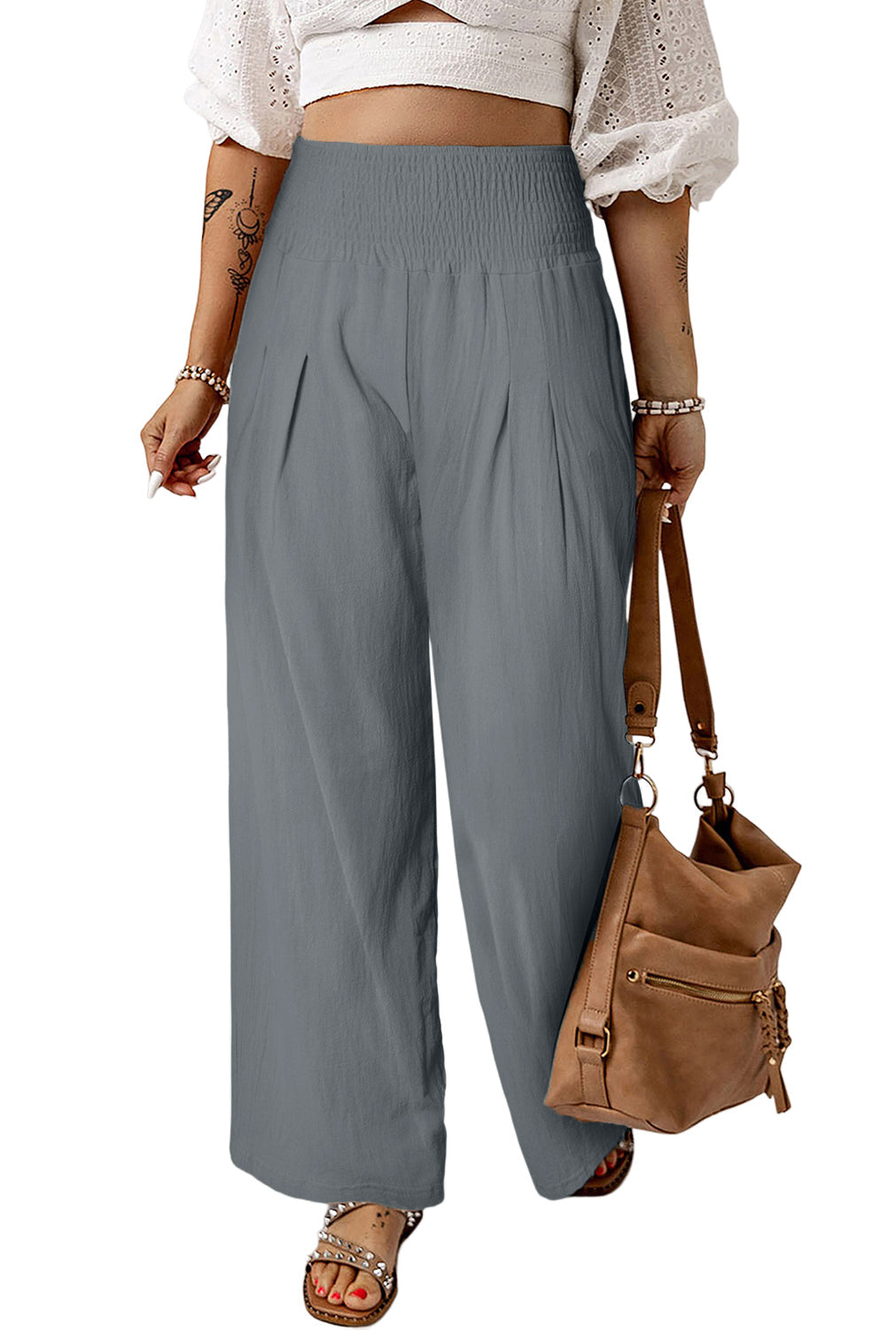 Black Smocked Wide Waistband High Waist Wide Leg Pants