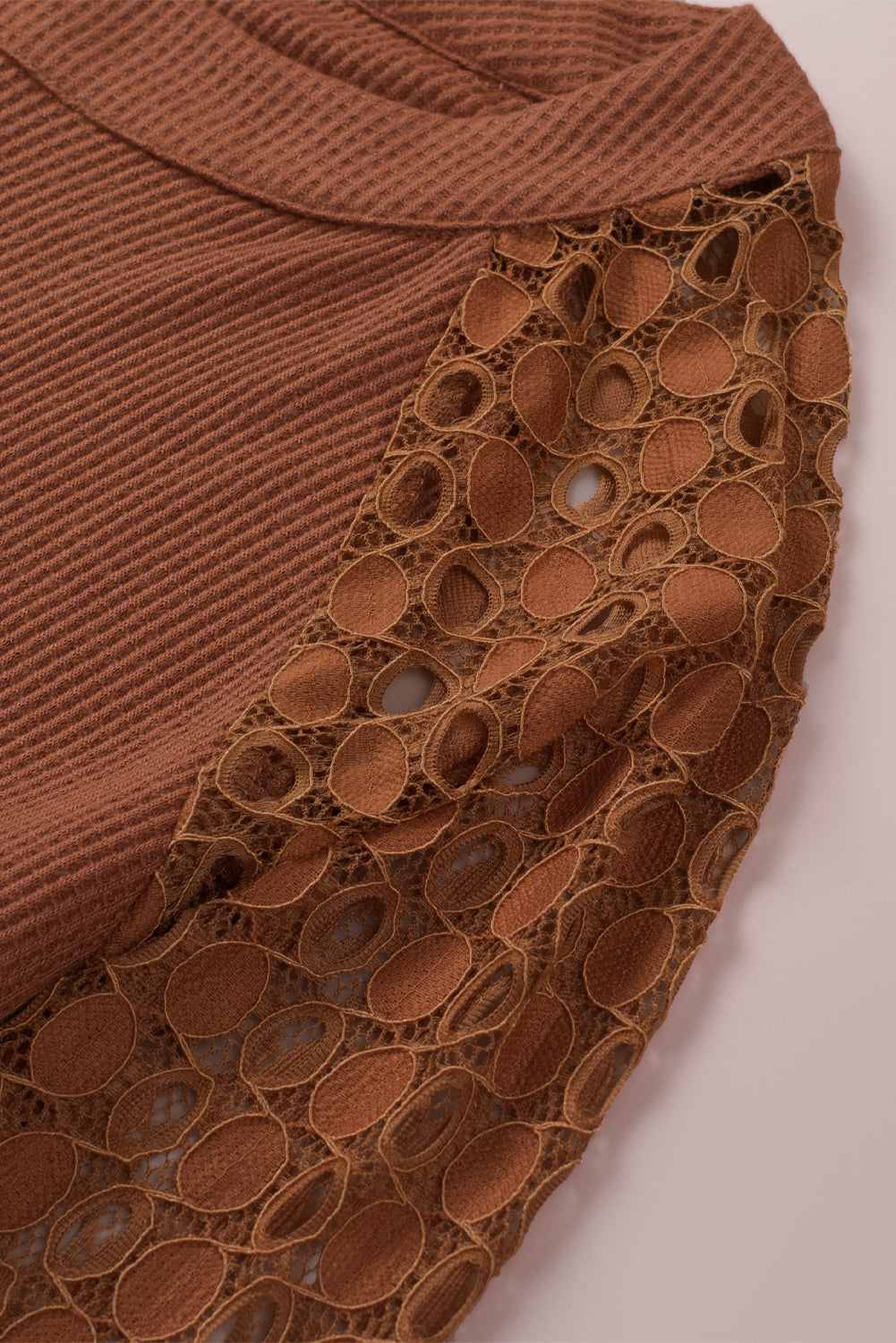 Brown Lace Contrast Long Sleeve Waffle Knit Top