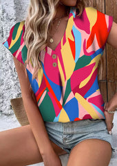 Multicolor Abstract Print Button V Neck Blouse