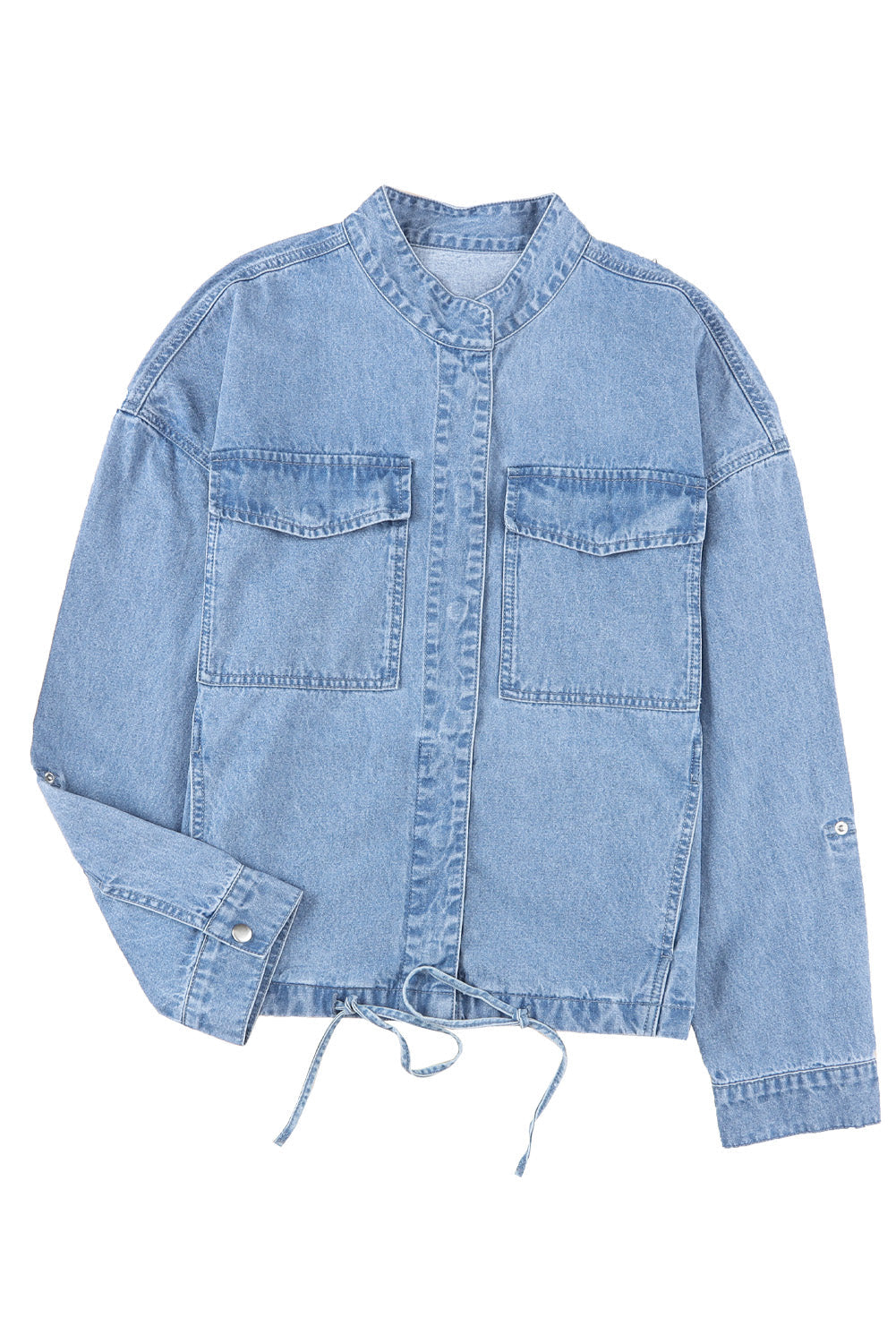 Sky Blue Roll-Up Tab Sleeve Button Down Pocket Denim Jacket