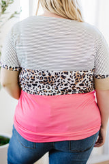 Pink Color Block Splicing Striped Leopard Plus Size Tee