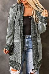 Grey Plaid Contrast Trim Open Front Cardigan