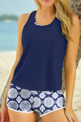 Blue 3pcs Printed Sporty Racerback Tankini Swimsuit