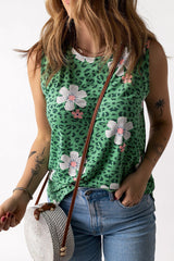 Green Crew Neck Floral Leopard Print Tank Top