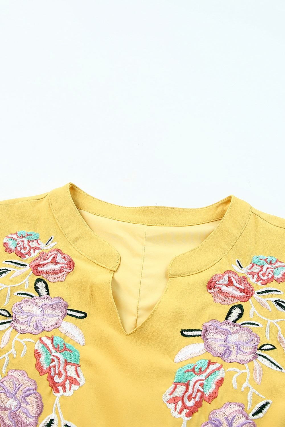 Yellow Split Neck Embroidered Floral Babydoll Swing Dress