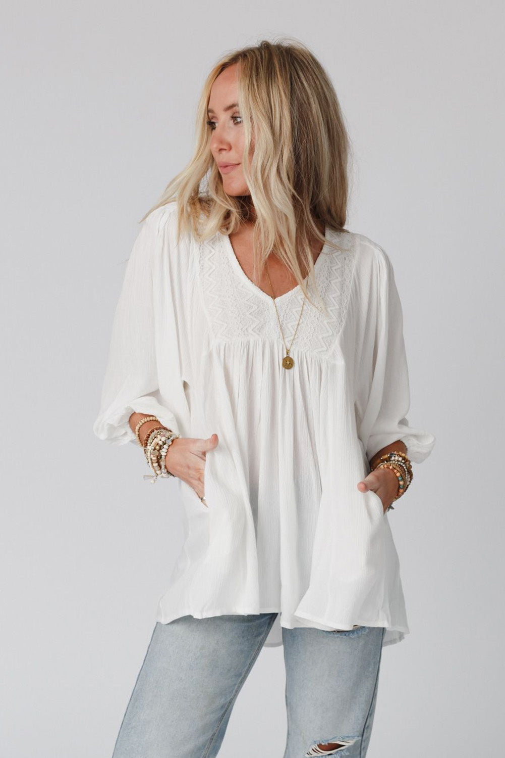 White Lace V-Neck Bracelet Sleeve Ruffle Blouse