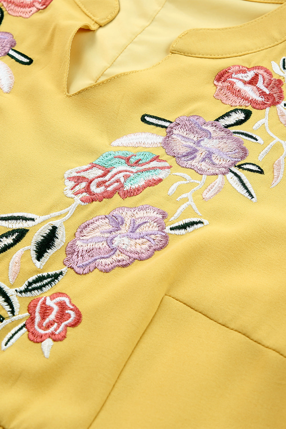 Yellow Split Neck Embroidered Floral Babydoll Swing Dress