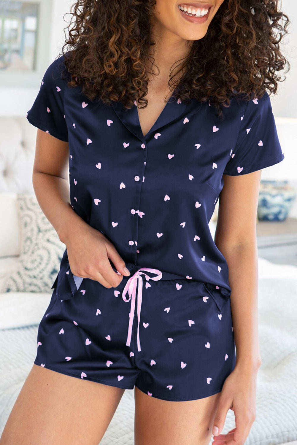 Blue Satin Heart Print Short Sleeve Top and Shorts Lounge Set