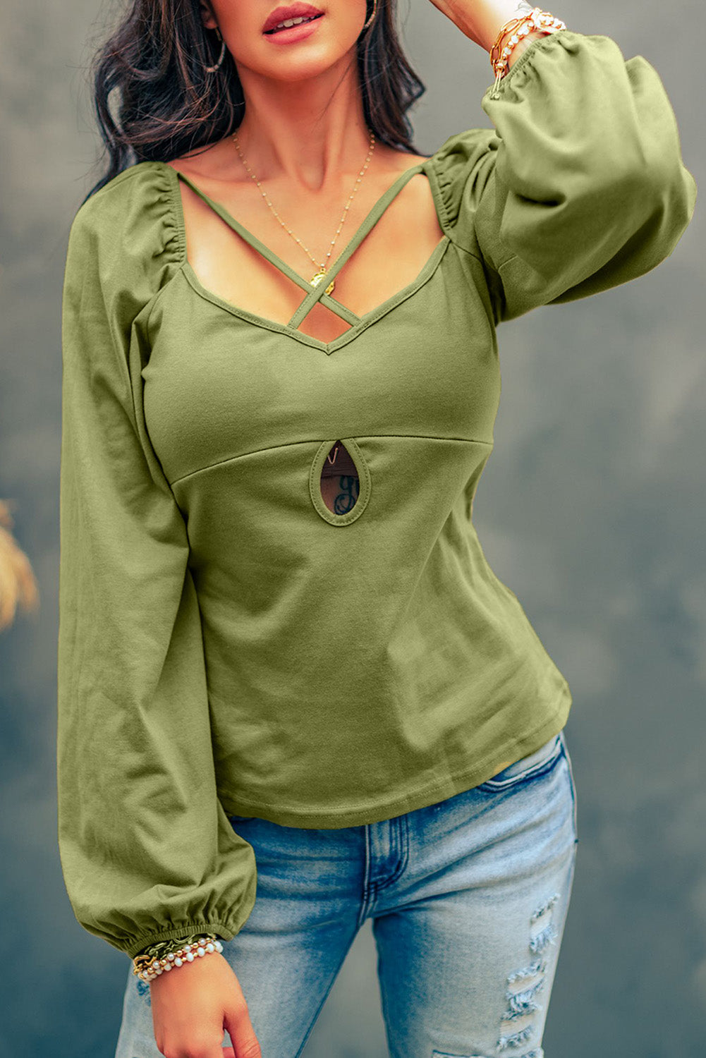 Green Cut Out Criss Cross Sweetheart Neck Long Sleeve Top