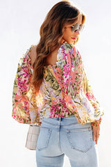 Multicolor Smocked Floral Frilled Trim Square Neck Blouse