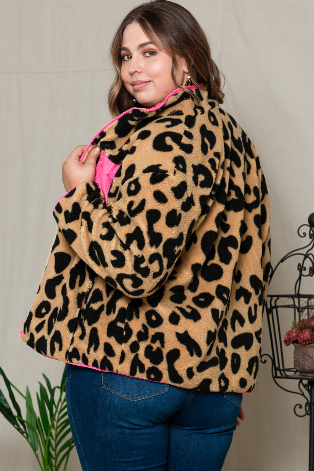 Leopard Colorblock Pocket Zipper Fuzzy Fleece Jacket