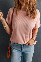 Pink Wide High Straight Neck Waffle Knit Top